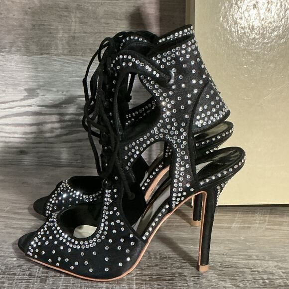 Sophia Webster Satin Crystal Embellished Lace-Up Black Strappy Heels Size 7 / 37 - Picture 1 of 14